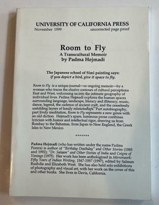Item #013276 Room to Fly: A Transcultural Memoir (Uncorrected Proof). Padma Hejmadi