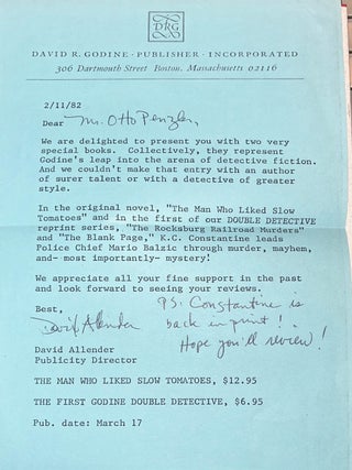 The Man Who Liked Slow Tomatoes (Signed First Edition Review Copy from the Personal Library of Otto Penzler)